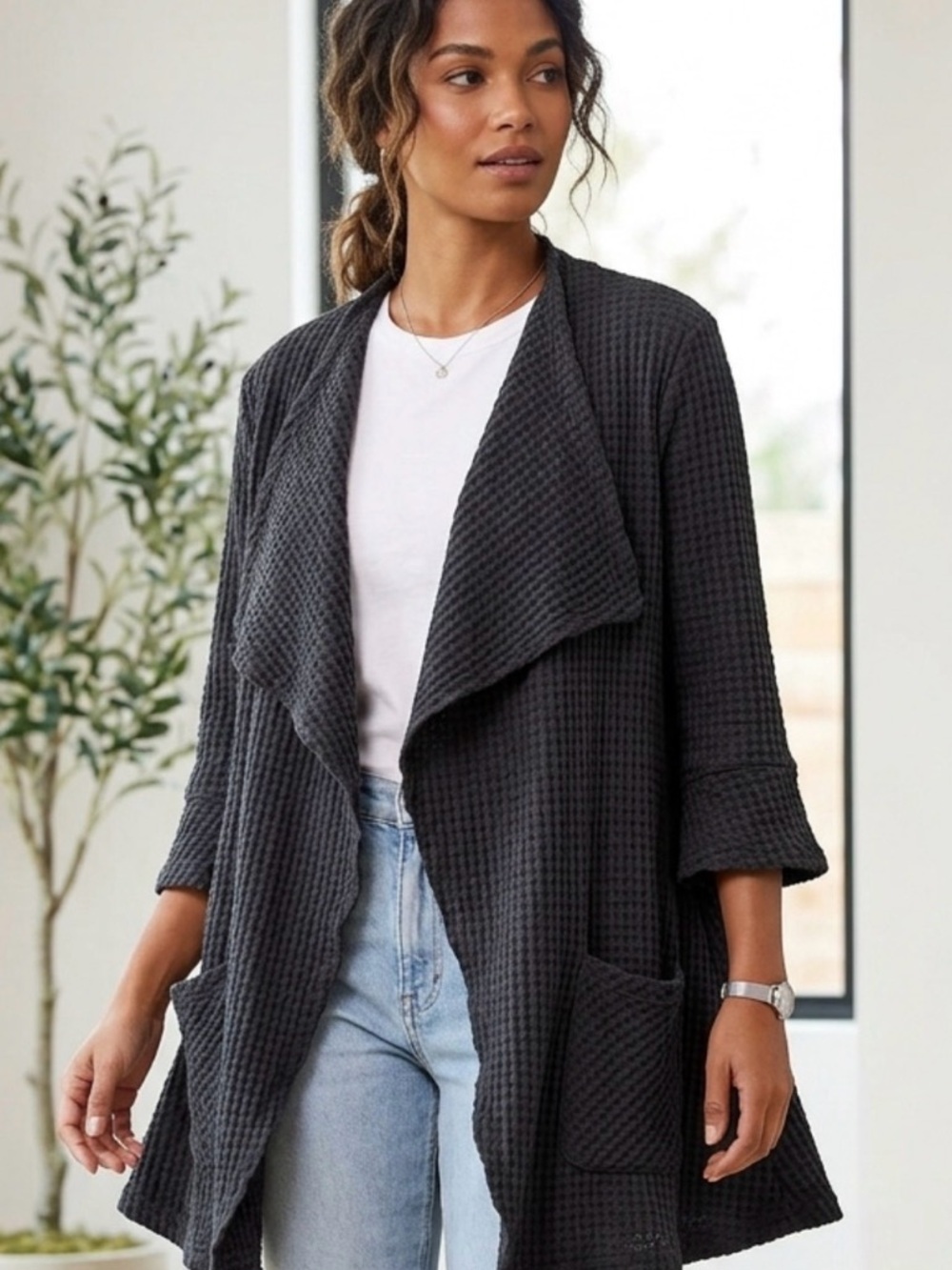 FOCUS USA women’s Black Waffle Knit Cascading Swing Cardigan Jacket - Medium